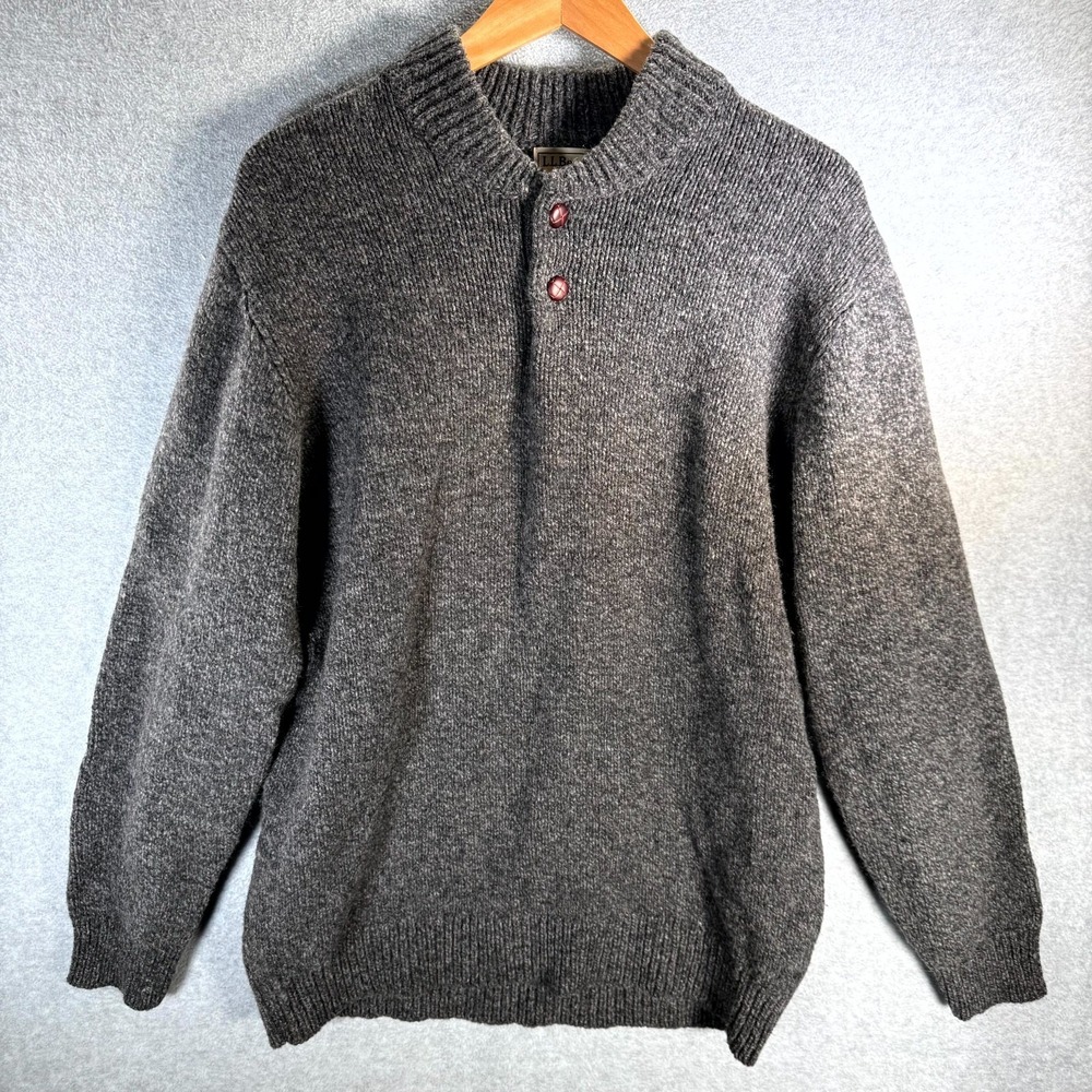 L.L.‎ Bean Henley Sweater Men's XL Gray Wool Knit Crew Neck Long Sleeve Pullover